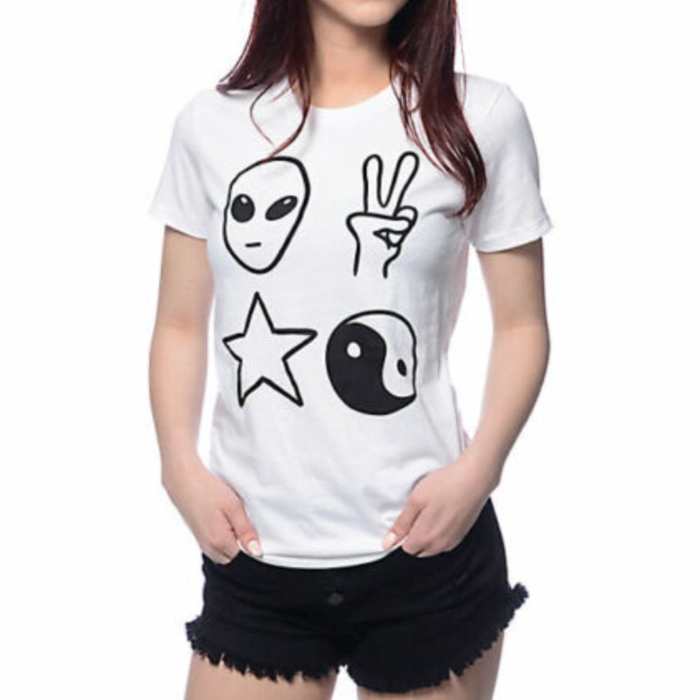 A-Lab Womens Alien Yin Yang White T-Shirt New